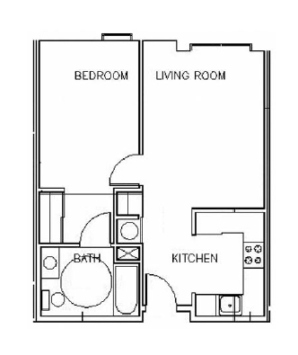 Floor plan for 1 bed, 1 bath, 557 sqft